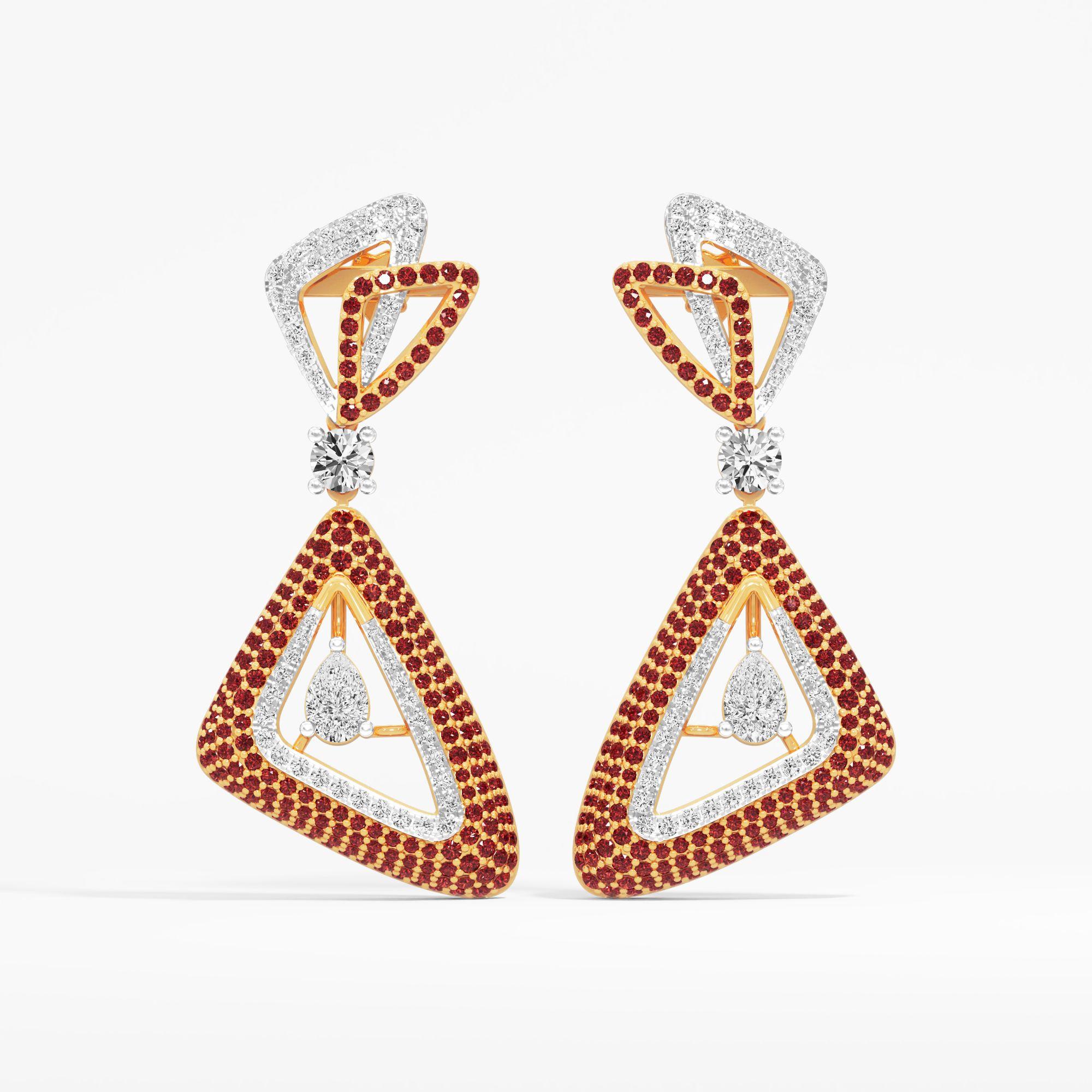 Crimson Triangle Dangle Earrings in 9KT Yellow Gold (Diamond Quality: FG-VVS VS)