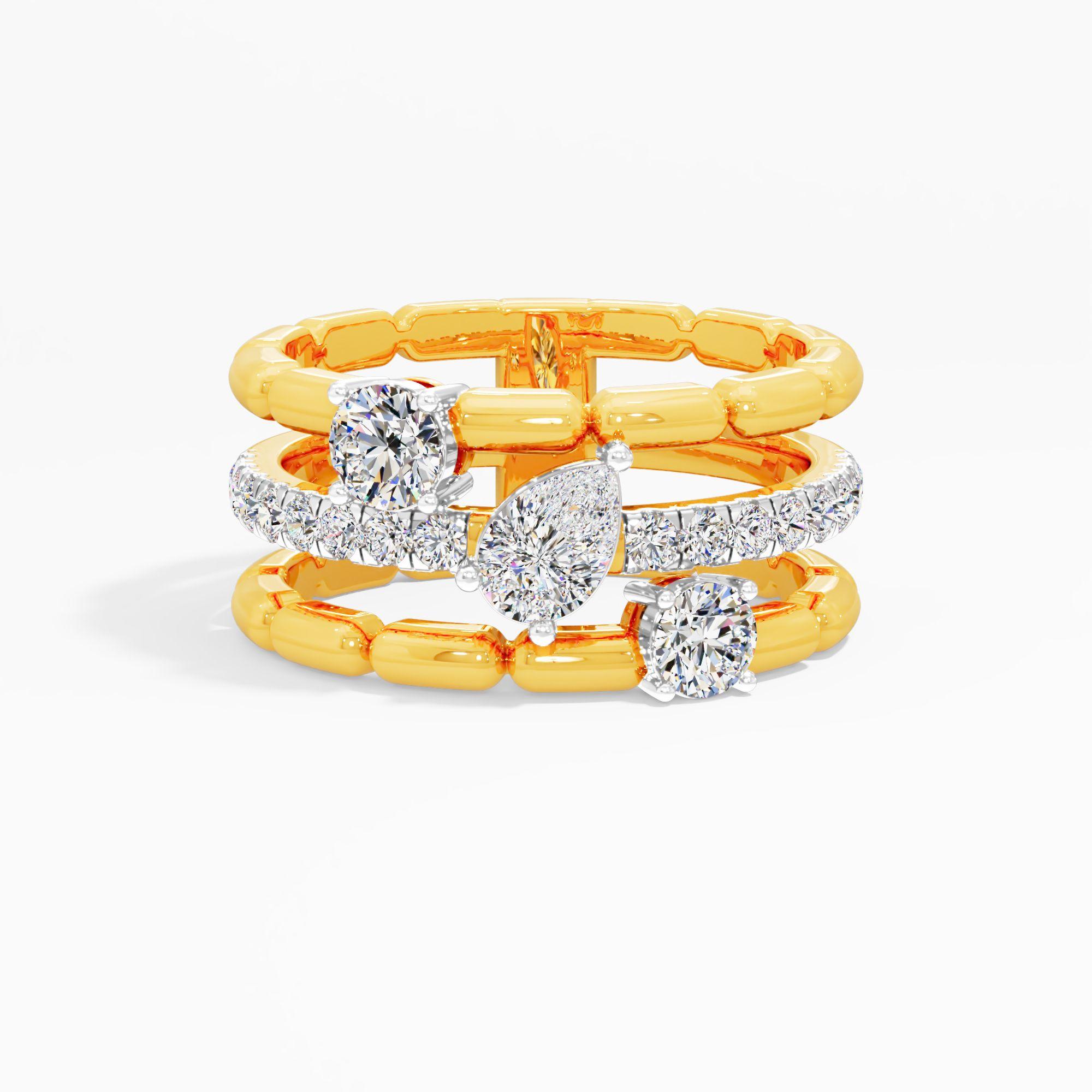 Triple Bar Pear Link Diamond Ring in 9KT Yellow Gold (Diamond Quality: FG-VVS VS)