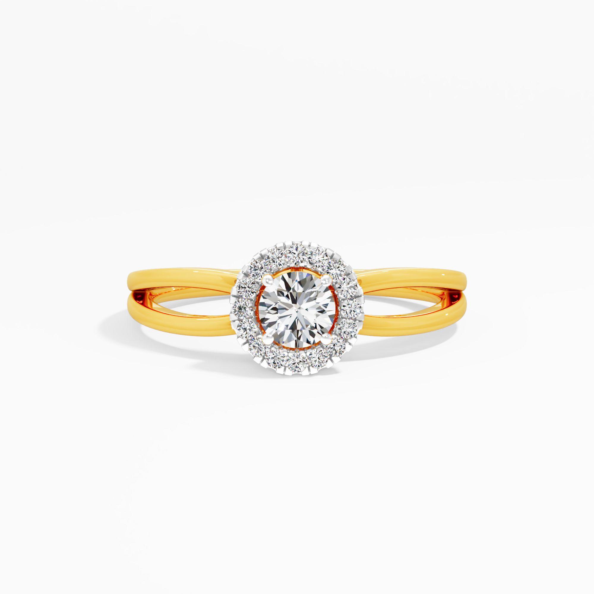 Dual Split Shank Halo Ring in 9KT Yellow Gold (Diamond Quality: FG-VVS VS)