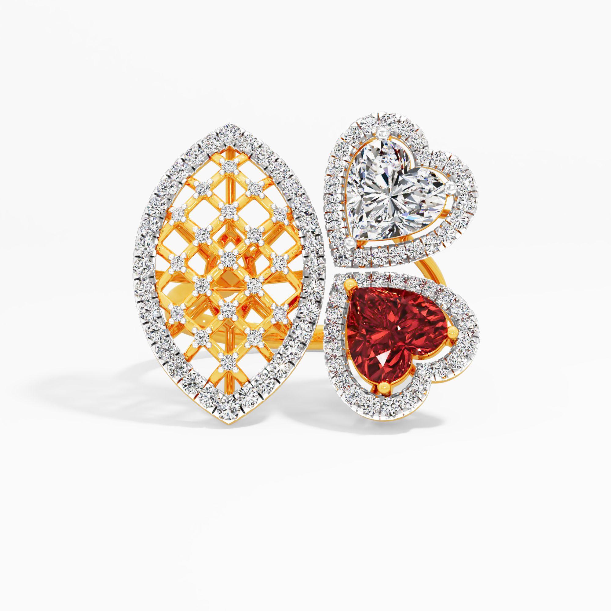 Twin Heart Halo Cocktail Ring in 9KT Yellow Gold (Diamond Quality: FG-VVS VS)