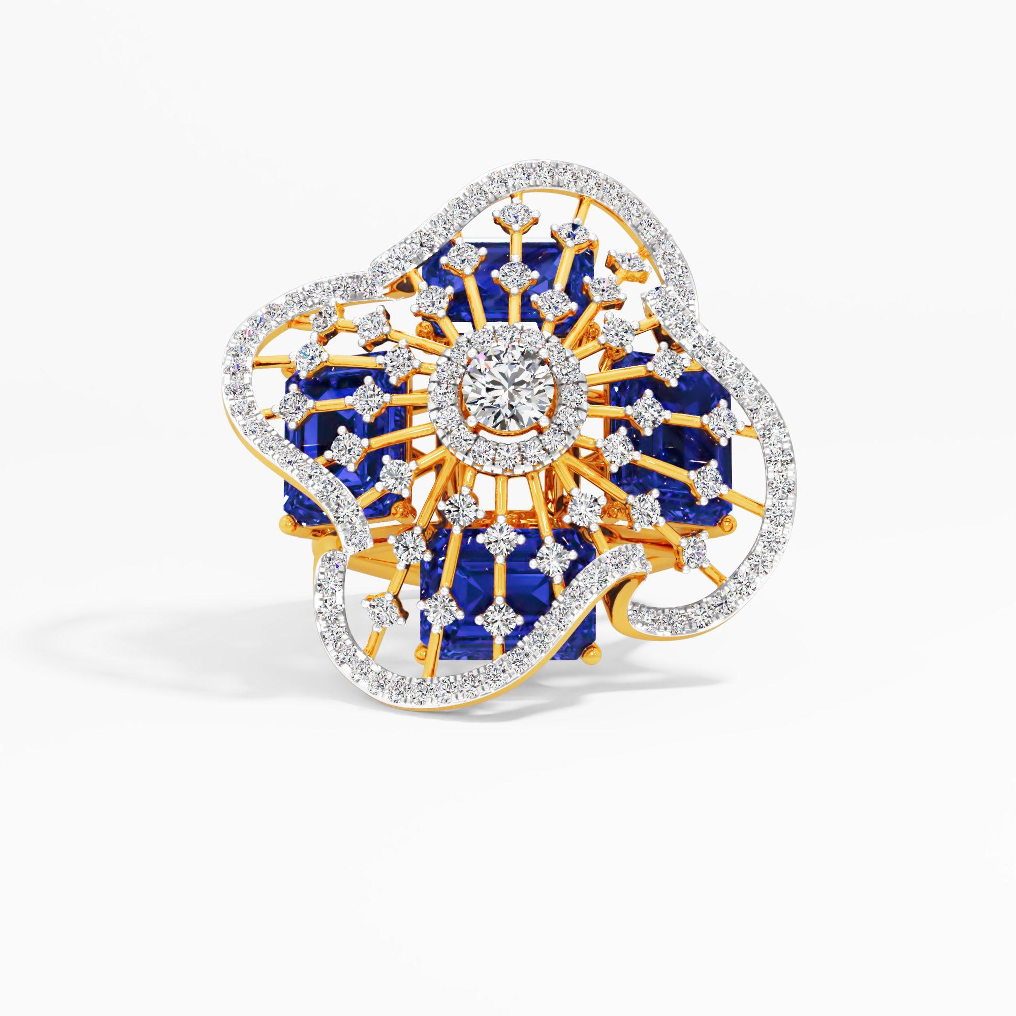 Baguette Accent Floral Cocktail Ring in 9KT Yellow Gold (Diamond Quality: FG-VVS VS)