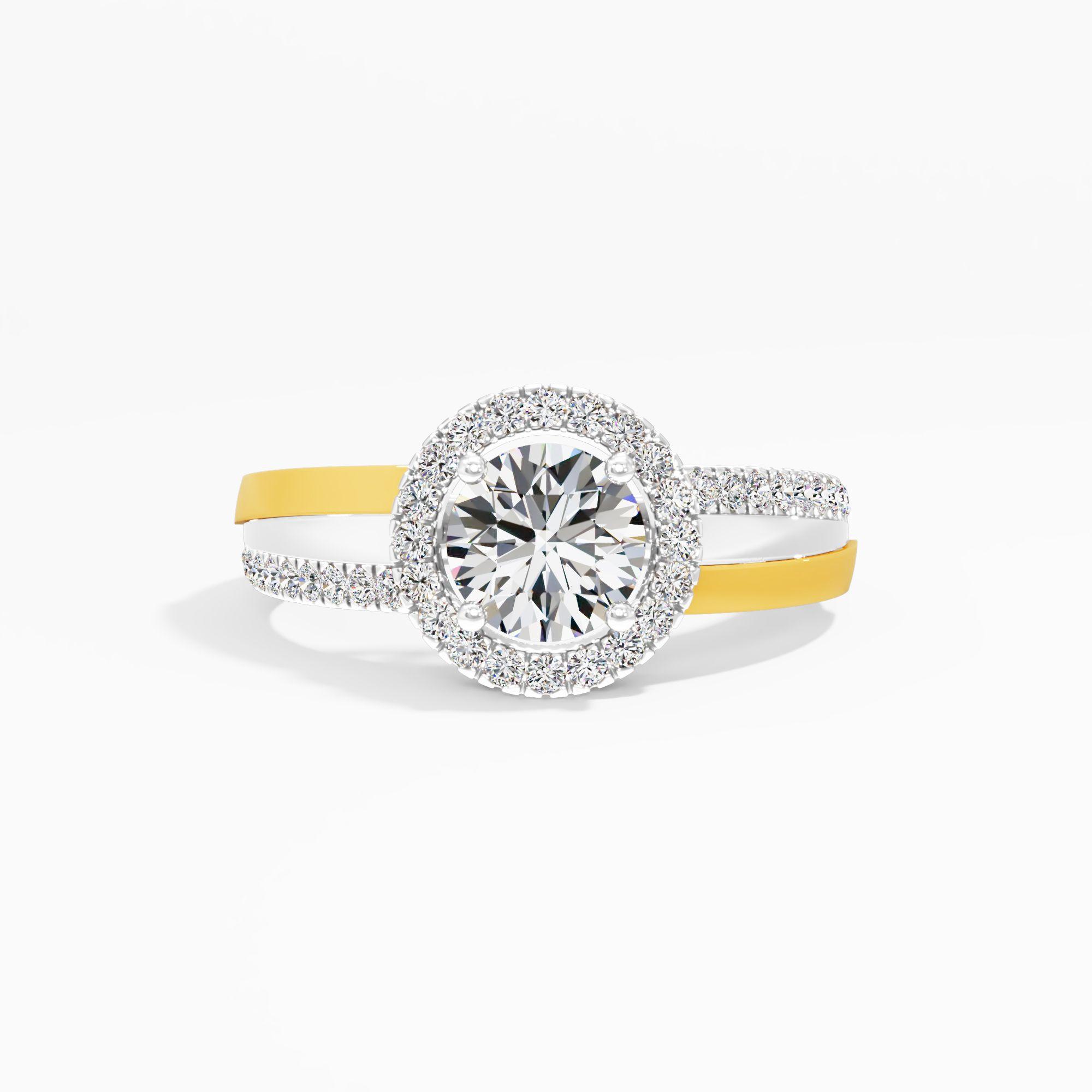 Two Tone Parallel Dreams Halo Ring 9k Yellow Gold And White Gold Round 0.98ct in 9KT Yellow Gold (Diamond Quality: FG-VVS VS)