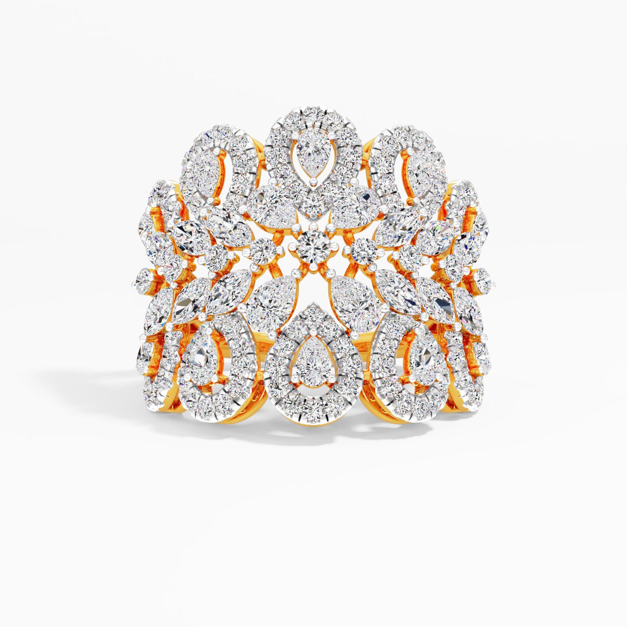 Crown Ornate Pear Cocktail Ring in 9KT Yellow Gold (Diamond Quality: FG-VVS VS)