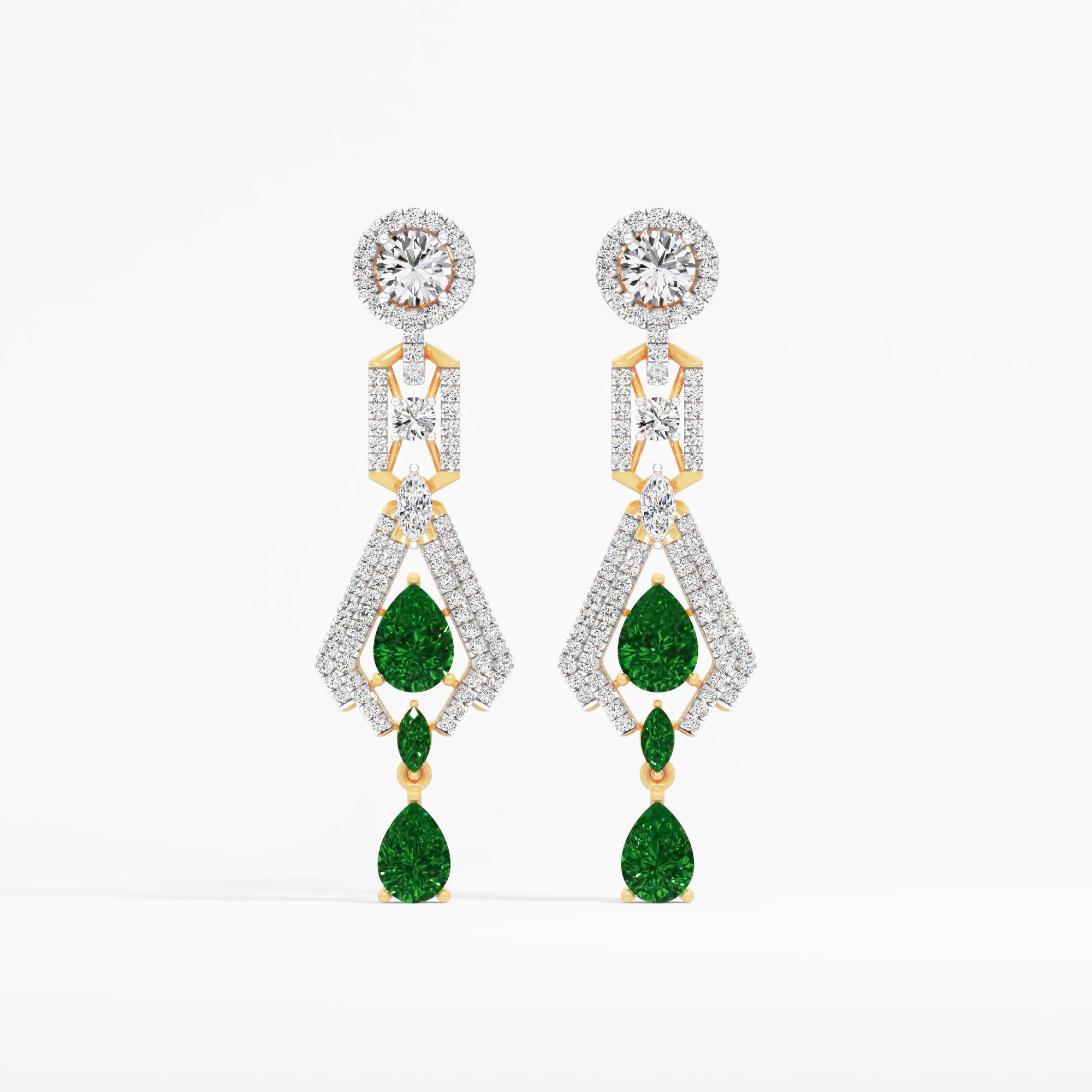 Majestic Emerald Diamond Drop Earrings in 9KT Yellow Gold (Diamond Quality: FG-VVS VS)