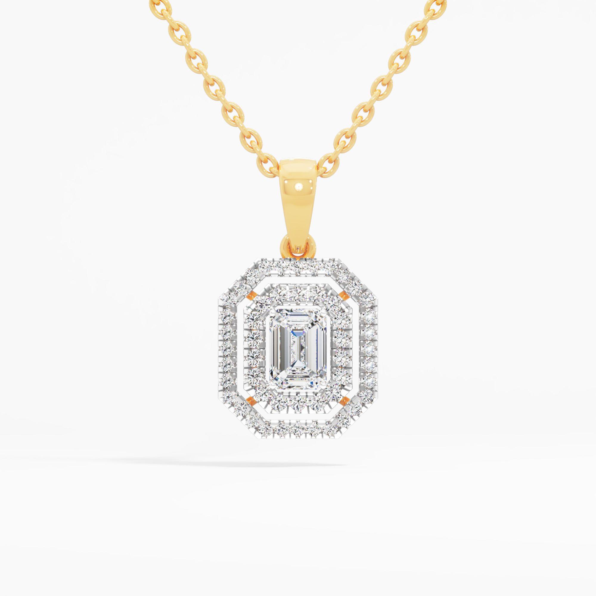 Emerald Solitaire Double Halo Pendant in 9KT Yellow Gold (Diamond Quality: FG-VVS VS)