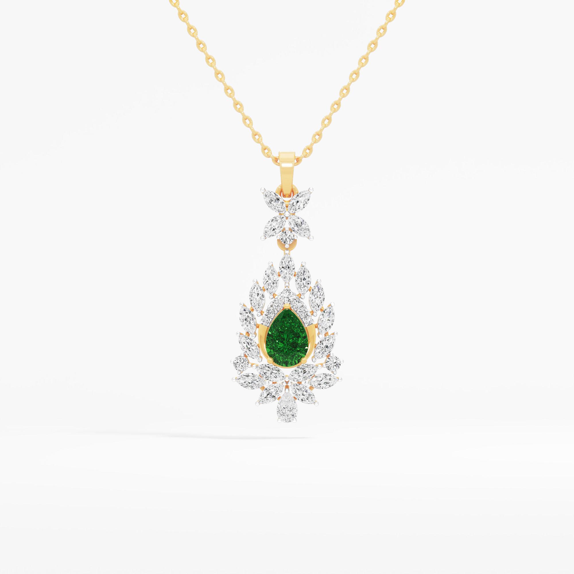 Crowned Emerald Flame Pendant in 9KT Yellow Gold (Diamond Quality: FG-VVS VS)
