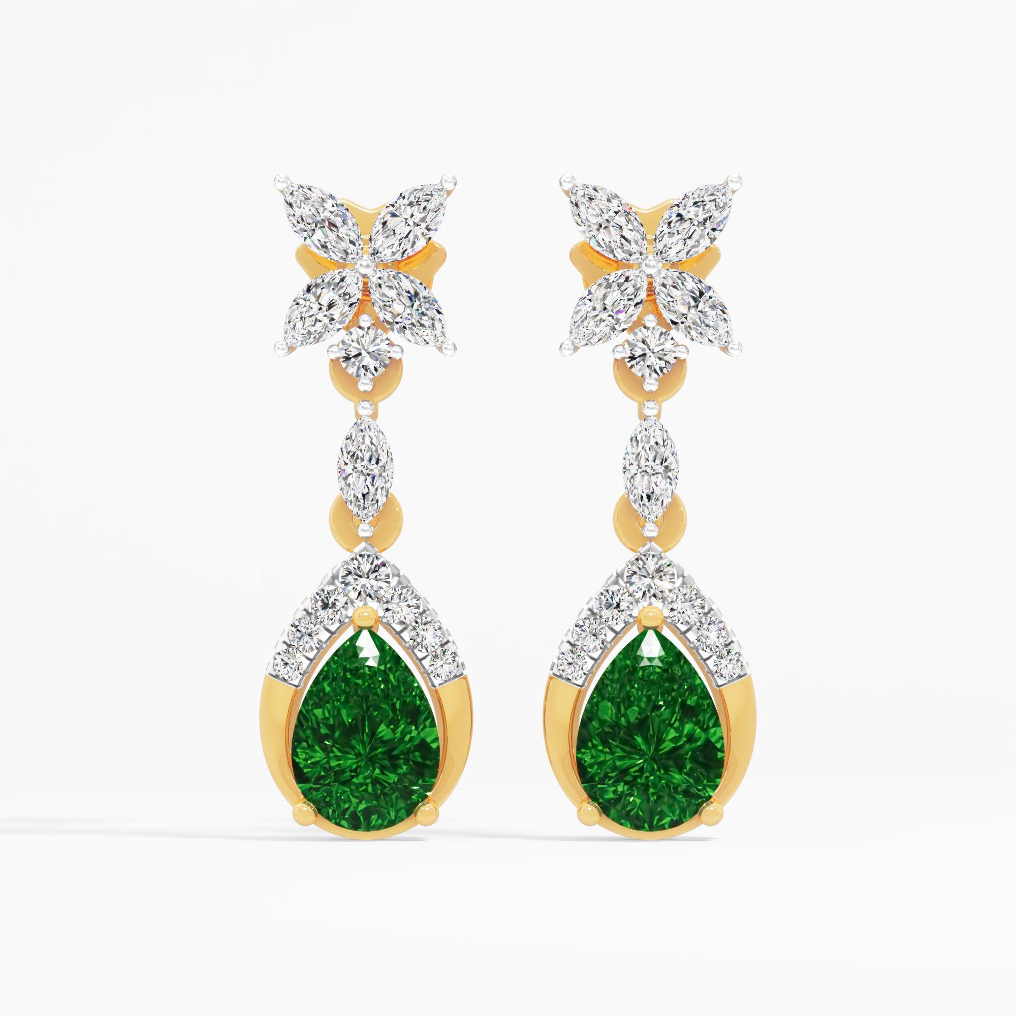 Blossom Drop Emerald Earrings in 9KT Yellow Gold (Diamond Quality: FG-VVS VS)