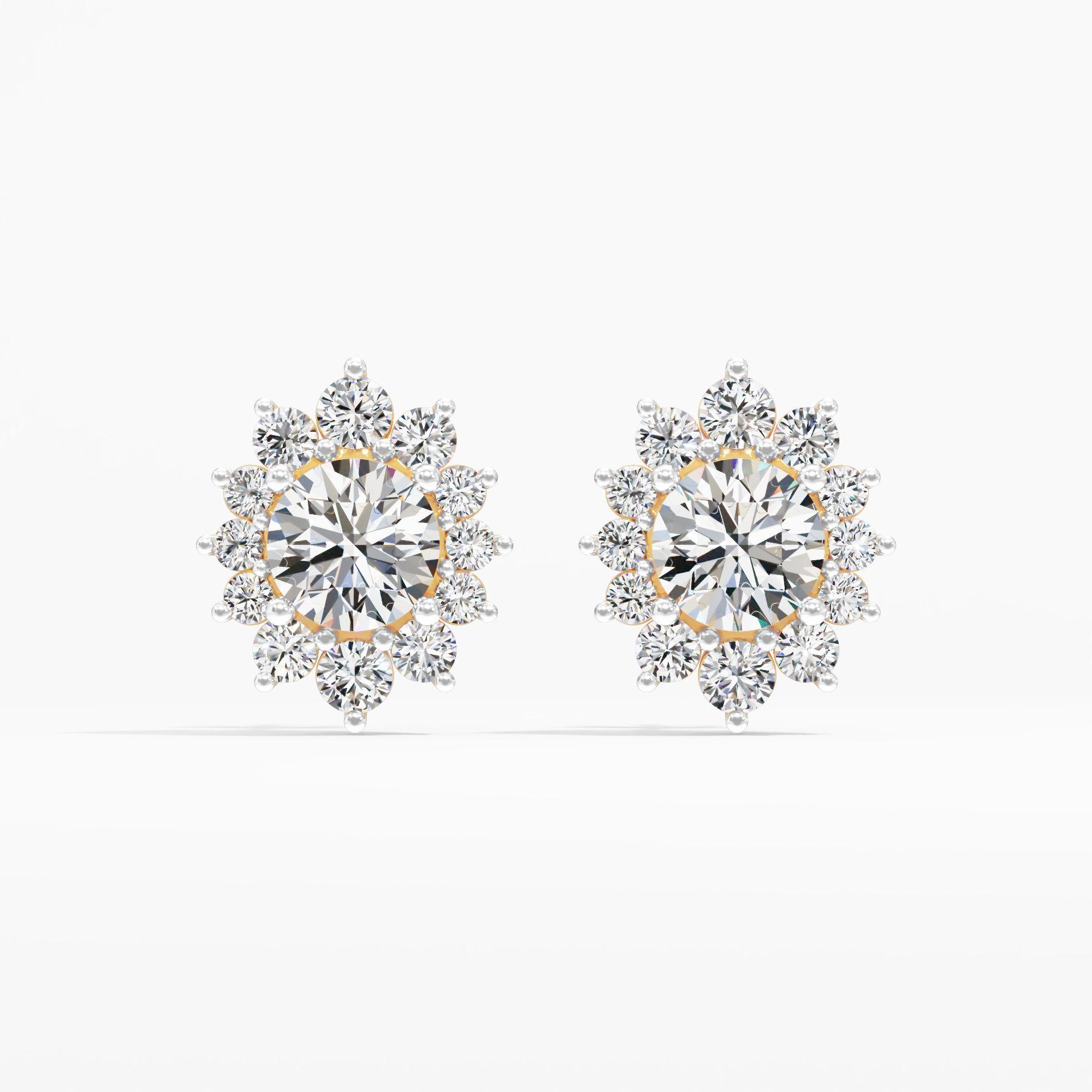 Fiery Bloom Sunburst Halo Stud Earrings in 9KT Yellow Gold (Diamond Quality: FG-VVS VS)